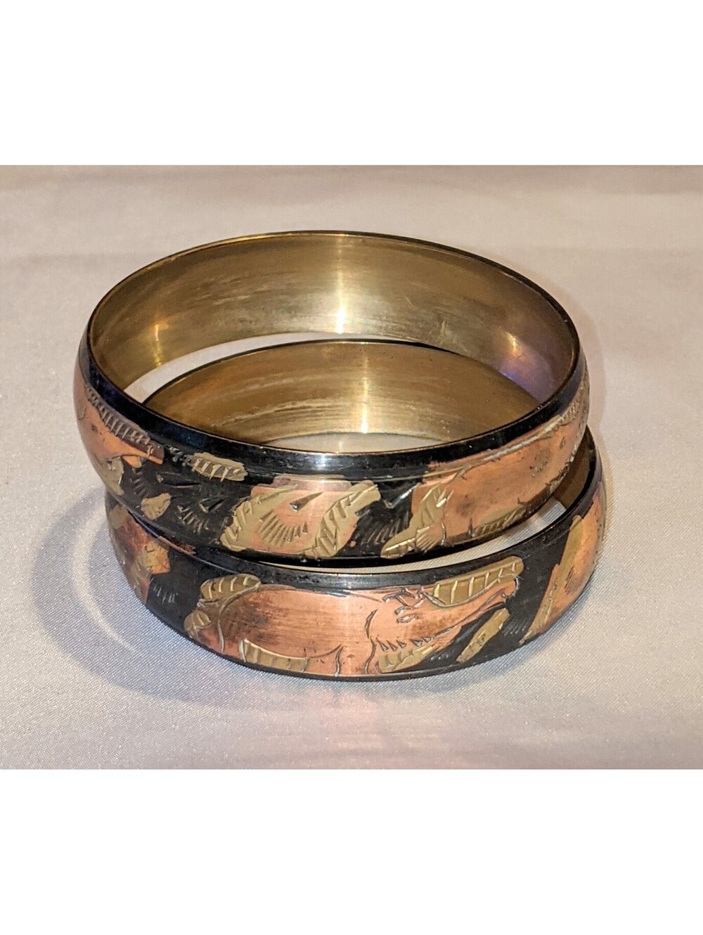 Vintage Pair Of Brass & Copper Elephants Bangle Bracelets Made In India GUC